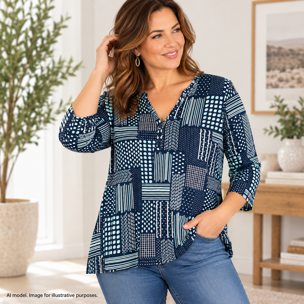 J McLaughlin Shirt Womens Medium Blue Geometric Patchwork Catalina Cloth Tunic